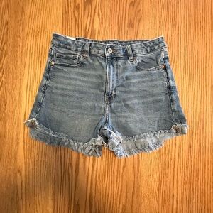American Eagle Women's High Rise Mom Shorts, Size 10, Raw Hem, Medium Wash Denim
